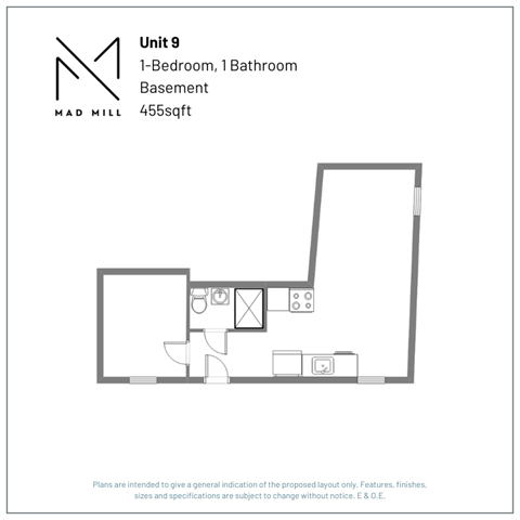 Floor plan for 1 bed, 1 bath, 414 sqft